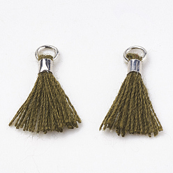 Темно-оливково-зеленый Кулон с кисточкой из поликоттона (полиэстер), мини-кисточка, с латунными застежками и железными кольцами, платина, темно-оливковый зеленый, 10~15x3~4 мм, отверстие : 2 мм