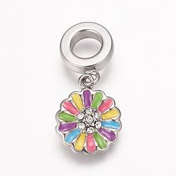 Antique Silver 304 Stainless Steel Rhinestone European Dangle Charms, with Enamel, Large Hole Pendants, Flower, Antique Silver, 25mm, Hole: 5mm, Pendant: 14.5x12x3mm
