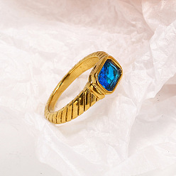 Синий 304 женские перстни из нержавеющей стали с кубическим цирконием, прямоугольные, реальный 18 k позолоченный, граненые, синие, размер США 9 (18.9 мм)