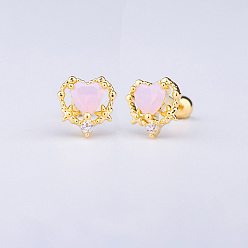 Сердце Серьги-гвоздики с розовыми кубическими цирконами из латуни, с 316 l хирургическими штифтами из нержавеющей стали, золотые, сердце, Длина стержня: 6мм, штифты : 0.8 мм