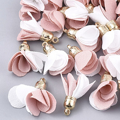 Pink Cloth Pendants, with CCB Plastic, Two Tone, Flower, Golden, Pink, 24~27x15~25mm, Hole: 1.6mm