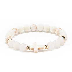Белый Эластичный браслет из натурального белого нефрита, магнезита и синтетической бирюзы (окрашенный) с крестом, украшения из драгоценных камней для женщин, белые, внутренний диаметр: 2-1/8 дюйм (5.3 см)