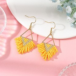 Orange 304 Stainless Steel Dangle Earrings, Triangle, Cylinder Seed Beads Dangle Earrings, Orange, 55x29mm