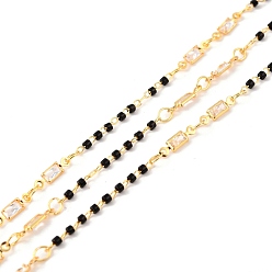 Black Handmade Brass Beaded Chains, with Rectangle Cubic Zirconia Links & Column Glass Beads, Long-Lasting Plated, Soldered, with Spool, Golden, Black, Link: 10x2.5x1.5mm, 1.5x1.5mm