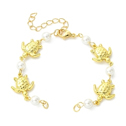 Turtle Морские животные 304 изготовление браслетов из звеньев нержавеющей стали, с белыми круглыми бусинами из перламутра., реальный 18 k позолоченный, черепаха, 6.50 дюйм (16.5 см), отверстие : 3.3 мм