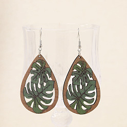 Feuille Boucles d'oreilles pendantes en bois pour femme, platine, feuille, 78x35mm