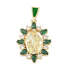 Green Religion Brass Pave Cubic Zirconia Pendants, with Enamel, Oval with Saint Benedict Charms, Lead Free & Cadmium Free, Long-Lasting Plated, Rack Plating, Real 18K Gold Plated, Green, 36mm, Pendant: 29x20x4mm, Hole: 5.5x3mm