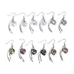 Mixed Color Dangle Earrings, with Heart Electroplated Glass Pendants, Stainless Steel Twist Shape Pendants, Earring Hooks and Ice Pick Pinch Bails, Mixed Color, 59mm, Pendant: 40x18x8mm, Pin: 0.7mm