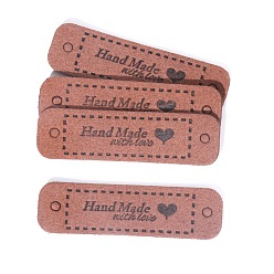 Sienna Microfiber Leather Labels, Handmade Embossed Tag, with Holes, for DIY Jeans, Bags, Shoes, Hat Accessories, Rectangle with Word Handmade, Sienna, 15x55mm