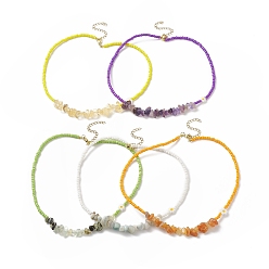 Mixed Stone Natural Gemstone Chips & Glass Seed Beaded Necklace for Women, 15.08 inch(38.3cm)