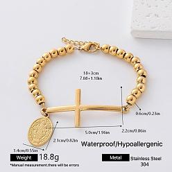 Golden 304 Stainless Steel Oval Saint Benedict Medal Charm Religion Cross Link Bracelets for Women, Golden, 7.09 inch(18cm)