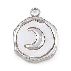 Нержавеющая Сталь Цвет Натуральный белый оболочки подвески, плоская круглая с лунными подвесками, с 304 установками из нержавеющей стали, цвет нержавеющей стали, 16x12.5x3 мм, отверстие : 1.8 мм