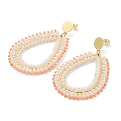 Pink Вакуумное покрытие pvd 304 серьги из нержавеющей стали, серьги-гвоздики со стеклянными бусинами и каплевидными каплями, розовые, 66.5 мм