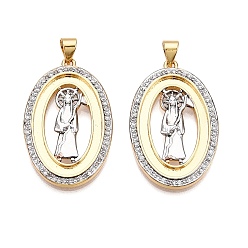 Настоящее золото 18K Латунные микро проложить кубического циркония подвески, без кадмия и без свинца, овал с подвесками Санта Муэрте, реальный 18 k позолоченный, 32~32.5x20x2.5 мм, отверстие : 3~3.5x5~5.5 мм