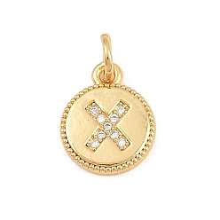 Letter X Breloques en laiton zircon cubique transparent, rond plat avec breloques en forme de lettre, plaqué longue durée, sans plomb et sans cadmium, crémaillère plaquage, réel 18 k plaqué or, lettre x, 12.5x10x1.5mm, Trou: 3mm