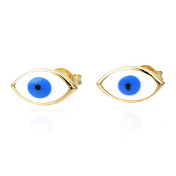 Dodger Blue Oval with Evil Eye Stud Earrings, Real 18K Gold Plated Brass Jewelry for Women, Nickel Free, Dodger Blue, 6x11mm, Pin: 0.8mm