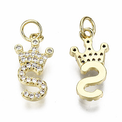 Letter S Brass Micro Pave Clear Cubic Zirconia Pendants, with Jump Ring, Nickel Free, Letter, Golden, 16~17.5x8.5~14x2mm, Jump Ring: 5x0.8mm, Inner Diameter: 3mm