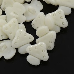 Белый Акриловые пуговицы с хвостовиком, 1-луночное, окрашенные, гриб, белые, 15x14x3 мм, отверстие : 3x2 мм