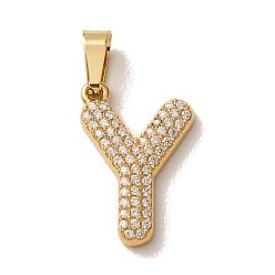 Letter Y 304 Stainless Steel Micro Pave Clear Cubic Zirconia Pendants, Letter Charms, Golden, Ion Plating(IP), Letter Y, 18x12x2.5mm, Hole: 6x2.5mm