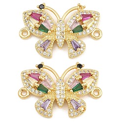 Plaqué 18K Or Véritable Breloques de connecteur en zircone cubique colorée pavée de laiton, liens papillon, crémaillère plaquage, plaqué longue durée, sans cadmium et sans plomb, réel 18 k plaqué or, 15.5x22.5x4.5mm, Trou: 1.2mm