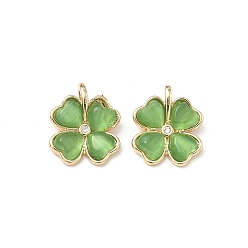 Зеленый Латунные микро проложить кубического циркония подвески, с кошачий глаз, клевер амулеты, долговечный, стойки покрытие, золотой свет, зелёные, 15x13x5 мм, отверстие : 4x1.8 мм