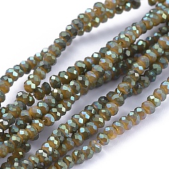 Цвет Оливы Стеклянные бусины с гальваническим покрытием , с полным покрытием цвета радуги, граненые, рондель, оливковый, 2.5x1 мм, отверстие : 0.5 мм, около 185~190 шт / нитка, 13 дюйм (33 см)