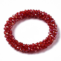 Red Faceted Transparent Glass Beads Stretch Bracelets, Rainbow Plated, Rondelle, Red, Inner Diameter: 2 inch(5cm)