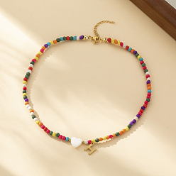 Letter H Ожерелья из круглых бусин в форме сердца из натуральных ракушек и разноцветных стеклянных семян, ожерелья шкентеля, 304 колье из нержавеющей стали, золотые, Письмо ч, 15.35 дюйм (39 см)