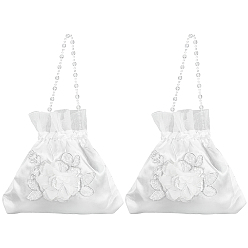 White 2Pcs Bridal Wedding Small Purse Silk Pouches, Drawstring Bags, with Plastic Beads, Rectangle with 3D Flower, White, 22.1x22.5x0.9cm