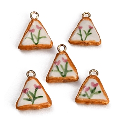 Pale Violet Red Handmade Porcelain with Brass Pendants, Triangle with Flower Charms, Hand Painted, Famille Rose Porcelain, Golden, Pale Violet Red, 20.5~21x17.5x5.5~7mm, Hole: 2.5mm