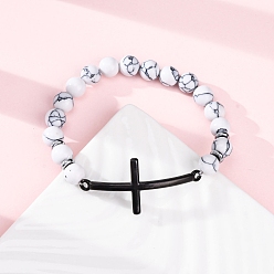 Говлит Круглые синтетические гематитовые бусины браслеты-стрейчи, браслеты из нержавеющей стали с поперечными связями для женщин и мужчин, с синтетическим гематитом, внутренний диаметр: 2-1/8 дюйм (5.3 см)