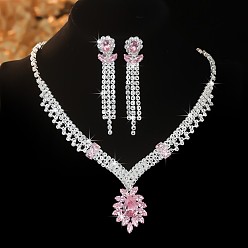 Серебро Комплекты из латунных подвесок-ожерелий со стразами и серег-гвоздиков с кисточками для женщин, цветок, серебряные, 350 мм