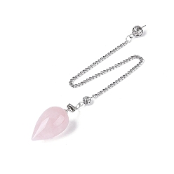 Rose Quartz Natural Rose Quartz Dowsing Pendulum Pendants, with Iron Chain, Teardrop Charms, 245~250mm, Hole: 1.8~2mm