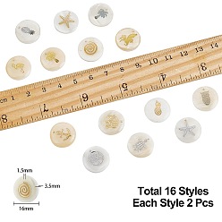Mixed Color Natural Freshwater Shell Pendants, Flat Round with Mixed Patterns, Mixed Color, 16x3.5~4mm, Hole: 1.5mm, 16 Patterns, 2pcs/pattern, 32pcs/box