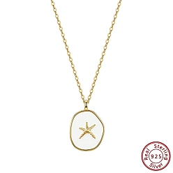Real 14K Gold Plated 925 Sterling Silver Enamel Pendants, White Round with Starfish Charms, without Necklace, Real 14K Gold Plated, 18.5x13mm