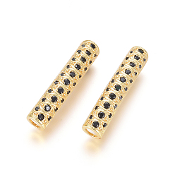 Golden Brass Micro Pave Cubic Zirconia Beads, Long-Lasting Plated, Tube Beads, Black, Golden, 30x6mm, Hole: 3.5mm