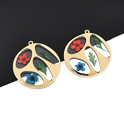 Разноцветный 304 подвески из нержавеющей стали с эпоксидной смолой, плоский круглый с засушенным цветком, ионное покрытие (ip), реальный 18 k позолоченный, красочный, 31.5x29x3~4 мм, отверстие : 1.6 мм