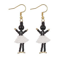 Golden Girl Dangle Earrings, Seed Beads Earring with 304 Stainless Steel Earring Hooks, Golden, 53x15.5mm