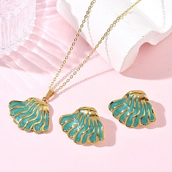 Dark Cyan 304 Stainless Steel Enamel Shell Shape Stud Earrings & Pendant Necklaces Sets for Women, Golden, Dark Cyan, 30x23mm