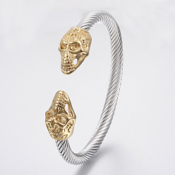 Golden & Stainless Steel Color 304 Stainless Steel Cuff Bangles Torque Bangles, Skull, Golden & Stainless Steel Color, 55x63mm(2-1/8 inchx2-1/2 inch)