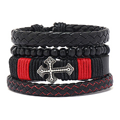 Черный 4 шт. 4 стили браслеты из деревянных бусин и шнуры из искусственной кожи для мужчин, крестик, чёрные, 2-1/8~2-3/4 дюйм (5.5~7 см)
