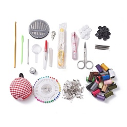 Color mezclado Costura y kits de herramientas de punto, Suministros de costura con botones, alfileres, tijeras, lápiz, hilos de coser, agujas de tejer, ganchos de ganchillo y cojín de agujas de tela, color mezclado, 148x5x4.5 mm
