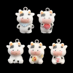 (52) Непрозрачная лаванда Флокированные подвески из непрозрачной смолы, коровьи обереги, с железной платиной петлей, разноцветные, 21.5~23.5x16~17x12.5 мм, отверстие : 2 мм