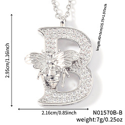 Letter B Ожерелья с подвесками из латуни с прозрачным кубическим цирконием и микропаве, платина, В письме, 15.75 дюйм (40 см), Кулон : 29.5x21.6 мм