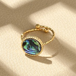 Настоящее золото 18K Плоские круглые 304 манжеты из ракушки пауа из нержавеющей стали для женщин, ионное покрытие (ip), реальный 18 k позолоченный, 12 мм, внутренний диаметр: регулируемый