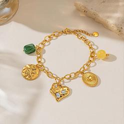 Golden 304 Stainless Steel Textured Heart Oval Charm Bracelets with Green Resin Cuboid Beads for Women, Golden, 7.09 inch(18cm)