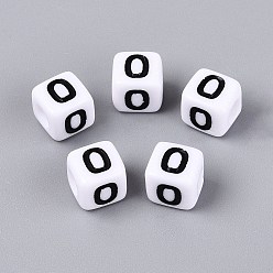 Letter O Opaque Acrylic Beads, Cube with Number, with Enamel, Black, Letter O, 7.5~8x7.5~8x8~8.5mm, Hole: 3.6~4mm, about 1200pcs/500g