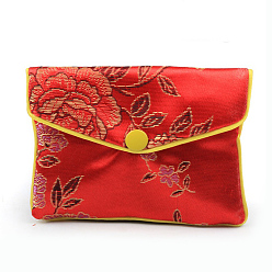 Малиновый Прямоугольные тканевые мешочки на молнии в китайском стиле, с цветочным узором и кнопкой, малиновый, 7.5x9.5 см