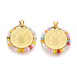 Разноцветный 304 подвески из нержавеющей стали, плоские круглые с святым Бенедиктом, со стеклянными бусинами, ионное покрытие (ip), реальный 18 k позолоченный, граненые, красочный, 26.5x26.5x3 мм, отверстие : 5x3.5 мм