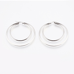 Stainless Steel Color 201 Stainless Steel Hoop Earrings, with 304 Stainless Steel Pin, Hypoallergenic Earrings, Double Ring, Stainless Steel Color, 12 Gauge, 54x52x2mm, Pin: 0.7x1mm